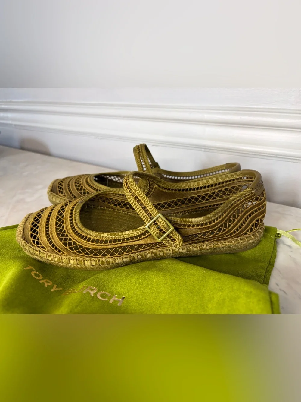 TORY BURCH OLIVE GREEN OPEN WEAVE MARY JANE ESPADRILLE 8.5 New!